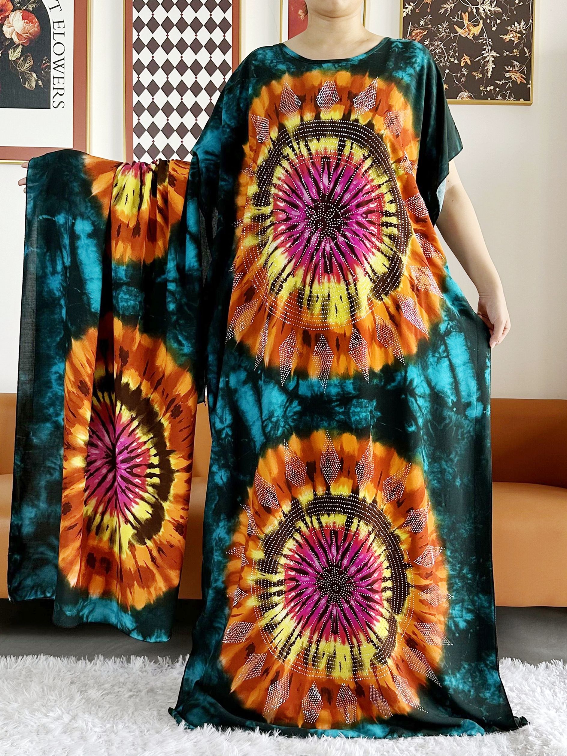 큰 스카프가 달린 아프리카 레이디 이드 드레스, 타이 염색 프린트, 느슨한 꽃 무늬, 부부 맥시 이슬람 여성 반팔 아바야, 신상